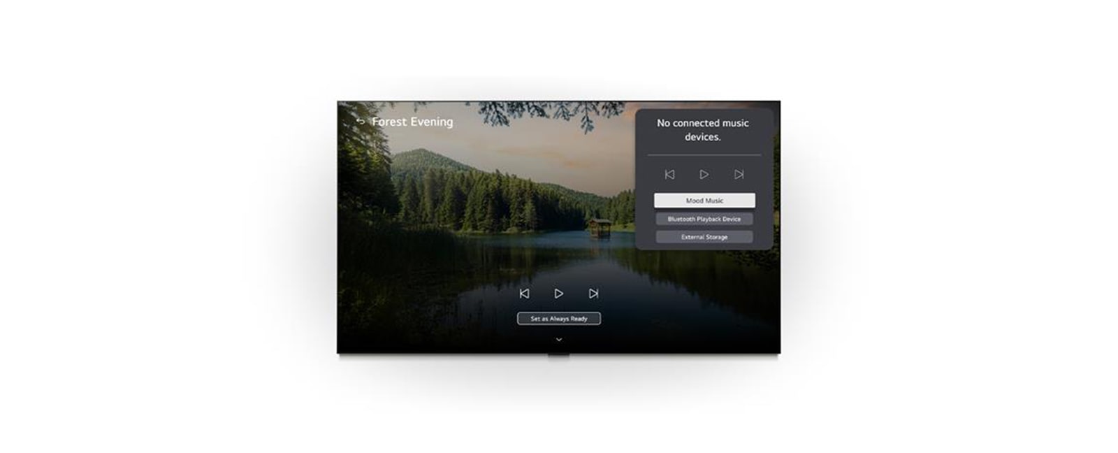 LG Gallery+ на LG QNED evo AI QNED80 Mini LED с фоновой музыкой Лаундж показывает сцену лесного озера «Лесной вечер» (Forest Evening) на экране с видимой панелью интерфейса Music Lounge для выбора музыки под настроение, воспроизведения через Bluetooth и управления. 