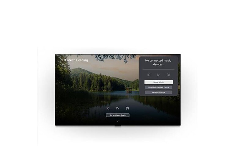 LG Gallery+ на LG QNED evo AI QNED80 Mini LED с фоновой музыкой Лаундж показывает сцену лесного озера «Лесной вечер» (Forest Evening) на экране с видимой панелью интерфейса Music Lounge для выбора музыки под настроение, воспроизведения через Bluetooth и управления. 