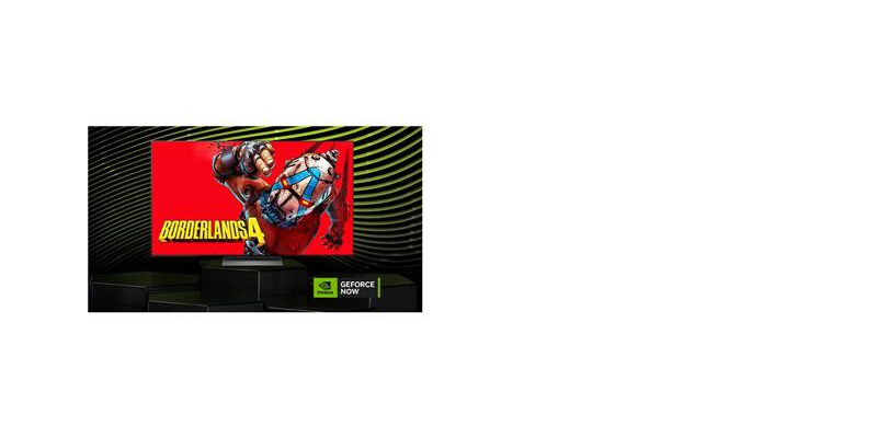LG Mini RGB evo AI MRGB85 с NVIDIA GeForce NOW показана игра Borderlands 4 рядом с логотипом GeForce NOW, демонстрируя доступ к облачному геймингу в интерфейсе телевизора.