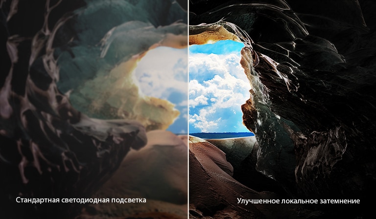 Вид изнутри пещеры на ее вход, где видны голубое небо и горизонт. Вся сцена разделена пополам, чтобы продемонстрировать возможности продвинутого локального затемнения NanoCell. С одной стороны, цвета и детали выглядят вымытыми, а изображения кажутся размытыми. На ярлыке написано: Обычная светодиодная подсветка. С другой стороны — глубокие черные цвета, лучший контраст, яркость и цвет. На ярлыке написано: Продвинутое локальное затемнение. 