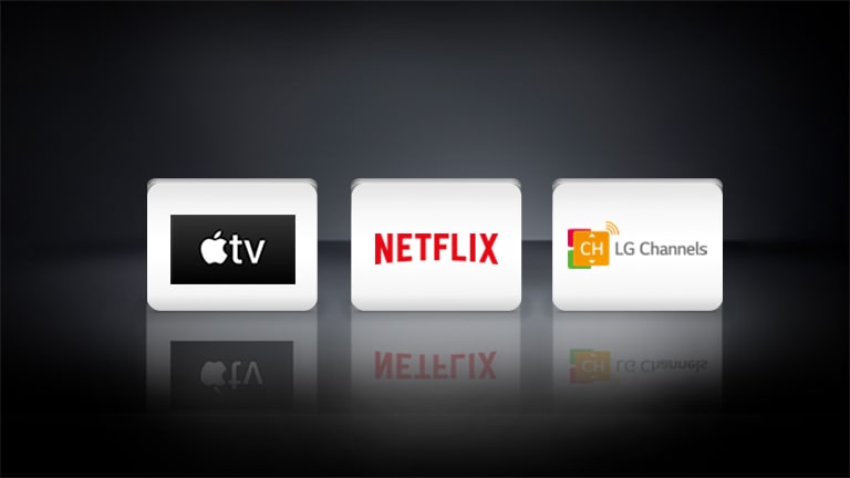 LG Channels, Netflix and Apple TV logos arranged horizontally on a black background.