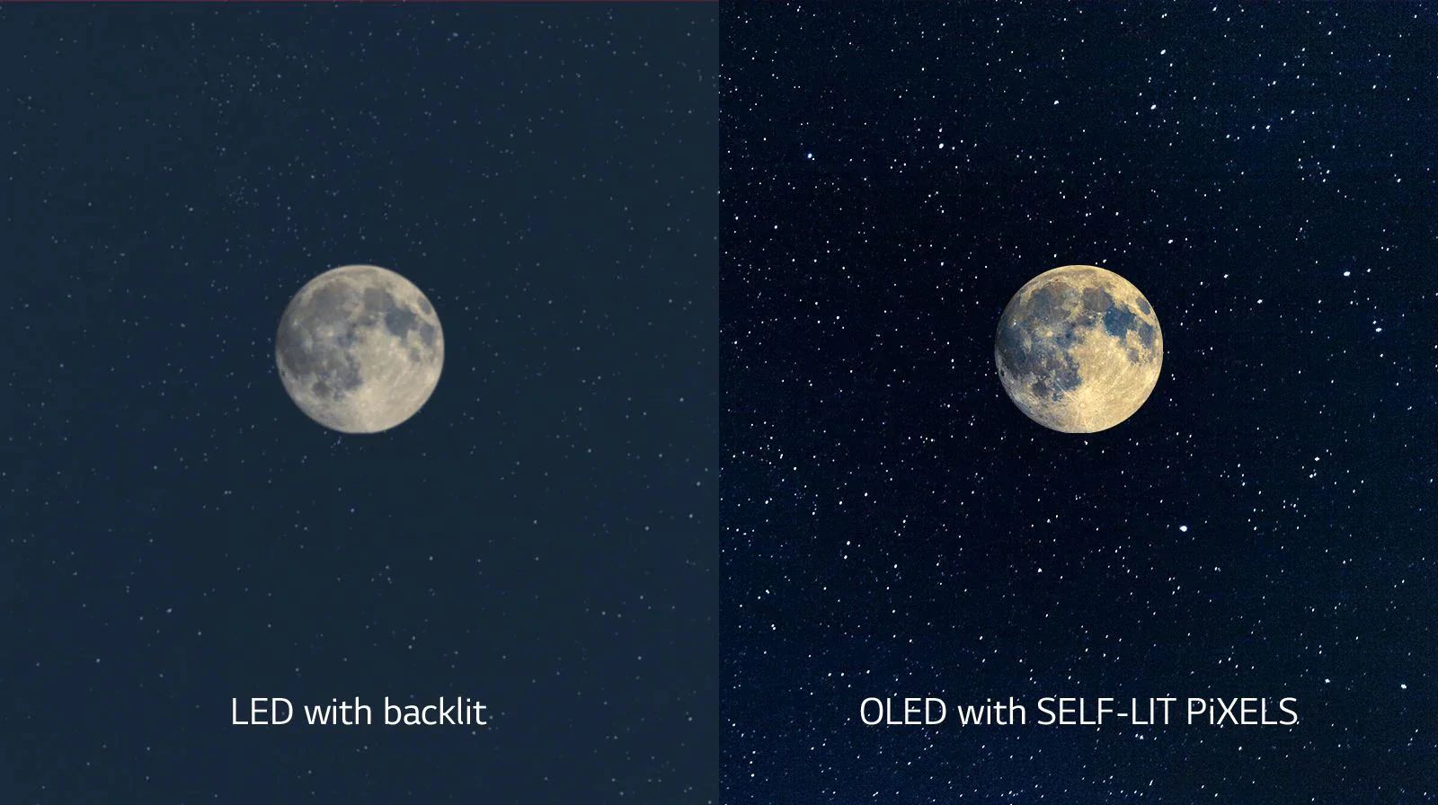 Изображение луны: слева показан LED-дисплей с ненасыщенным черным цветом, а справа — OLED с идеальным черным (просмотр видео)