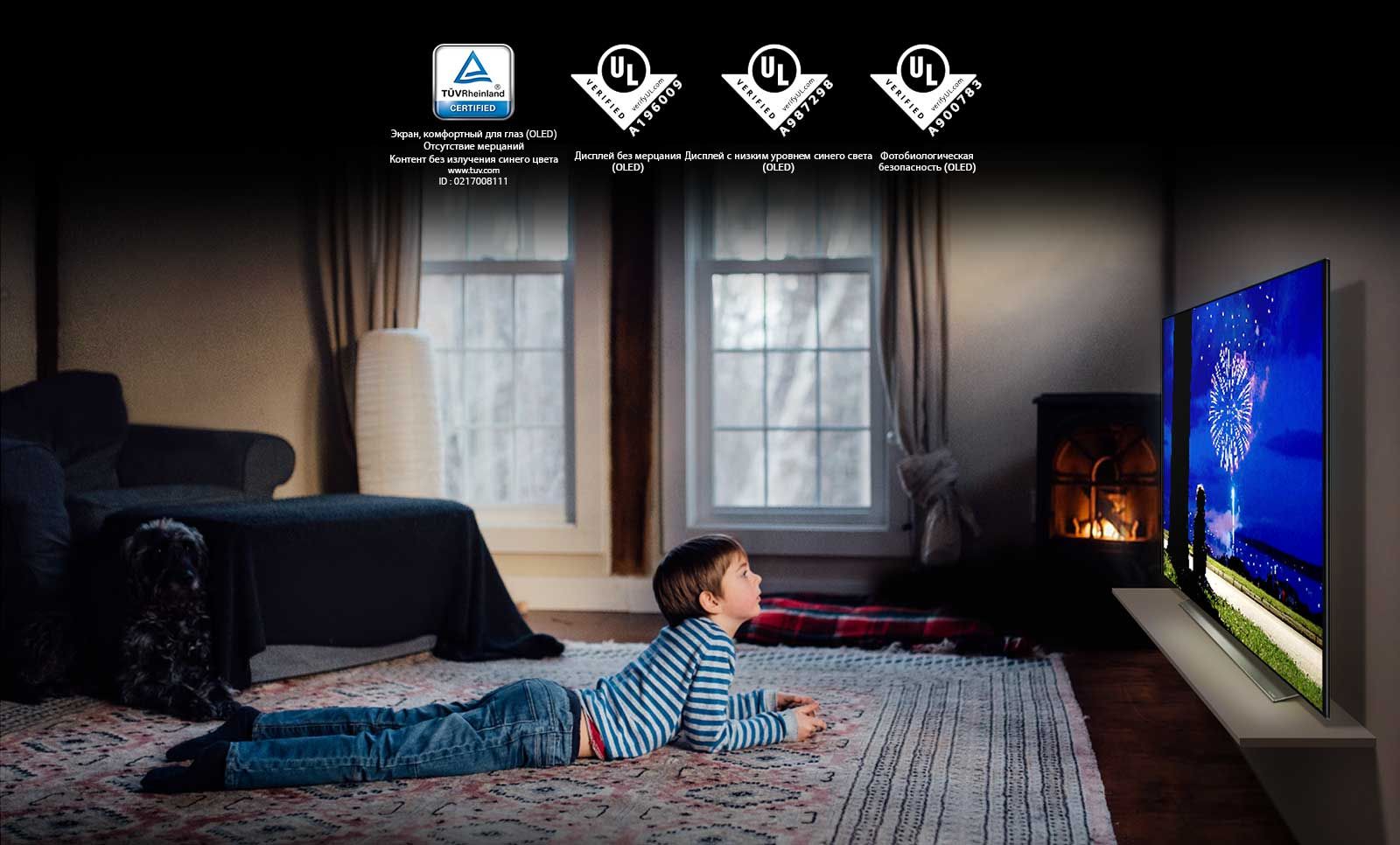 Это карточка, описывающая «Дисплей, комфортный для глаз». Сцена c изображением лежащего мальчика, который смотрит телевизор. Четыре логотипа для сертификации «Дисплея, комфортного для глаз».