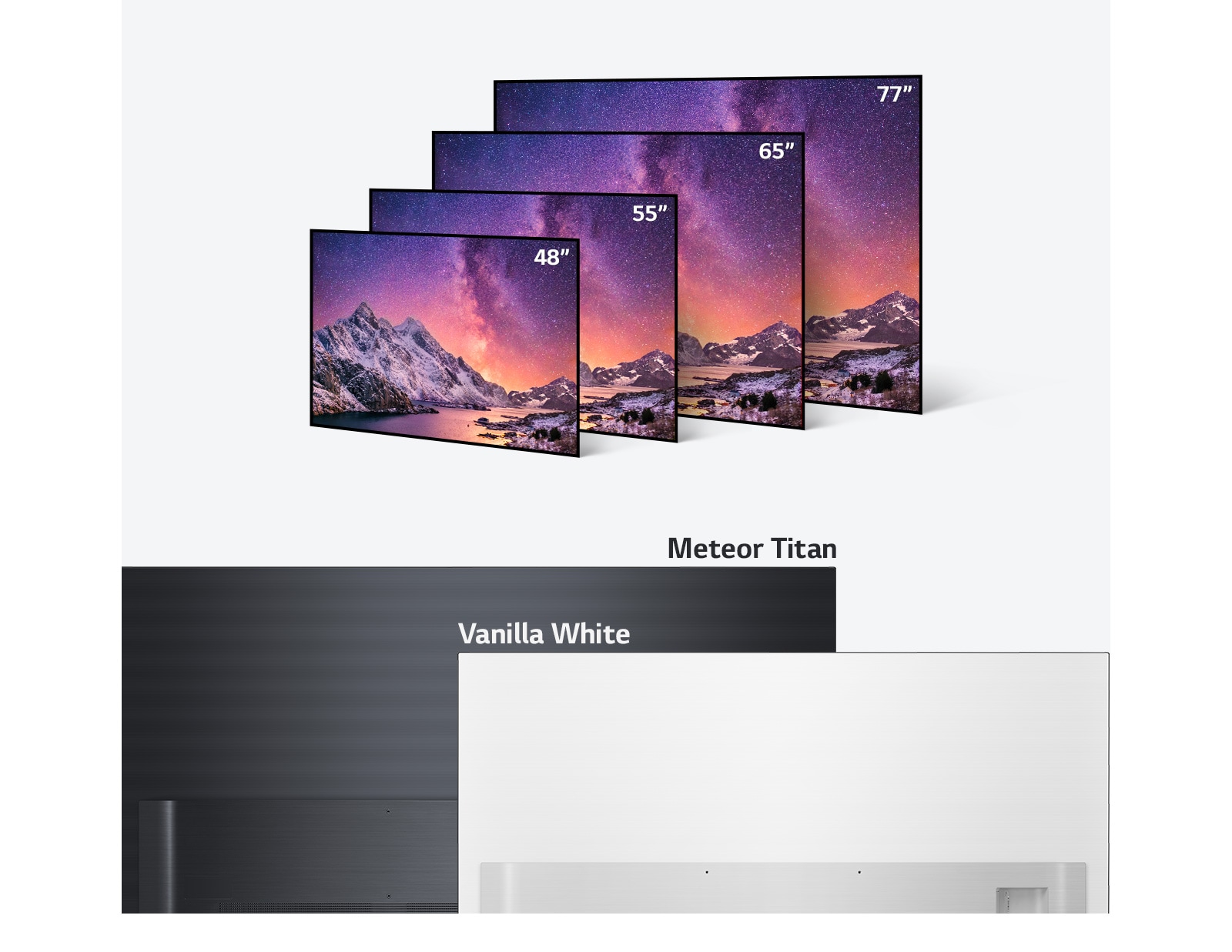 Линейка телевизоров LG OLED TV различных размеров от 48 до 83 дюймов, а также в светло-черном и ванильно-белом цвете.