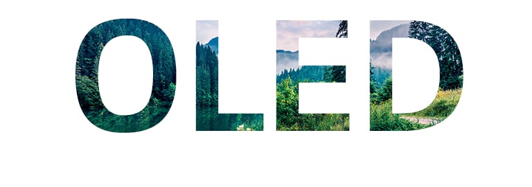 Слово OLED, наполненное изображением природы, перемещающееся из правого угла (просмотр видео)