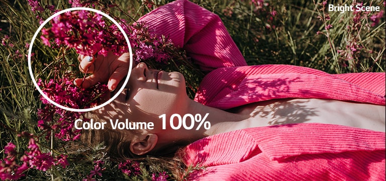 В яркой сцене девушка лежит на траве, и весь цвет становится более четким и ярким, когда объем цвета увеличивается с 70% до 100%. В темной сцене девушка держит разноцветный зонтик, и весь цвет становится более четким и ярким, когда объем цвета увеличивается с 70% до 100%.
