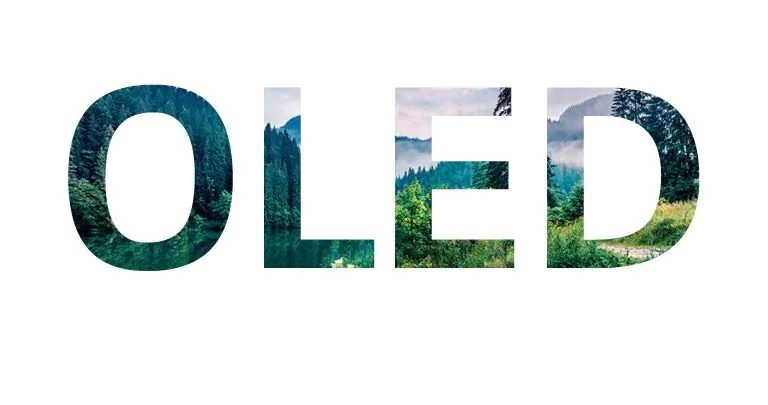 Слово OLED, наполненное изображением природы, перемещающееся из правого угла (просмотр видео)