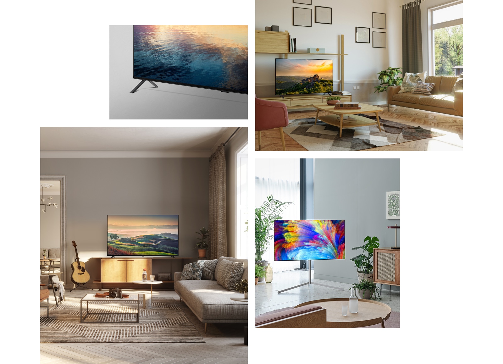 Вид сбоку на ножки основания LG OLED A2.  LG OLED A2 стоит на деревянной подставке для телевизора в гостиной в нейтральных тонах, с растениями и книгами. LG OLED A2 с подставкой Gallery стоит в углу комнаты в мятных тонах с несколькими растениями. LG OLED A2 стоит на деревянной подставке для телевизора в гостиной в нейтральных тонах, с гитарой, камерой и растениями.