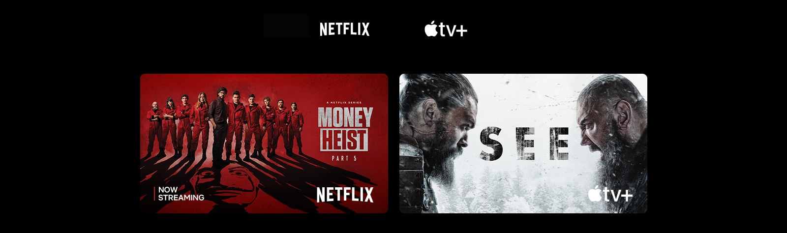 A poster of Money Heist from Netflix, The Book of Boba Fett from Disney Plus, The Wheel of Time from Prime Video, See from Apple TV Plus, and Insecure from HBO Max.