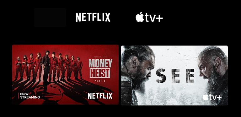 A poster of Money Heist from Netflix, The Wheel of Time from Prime Video, and See from Apple TV Plus.