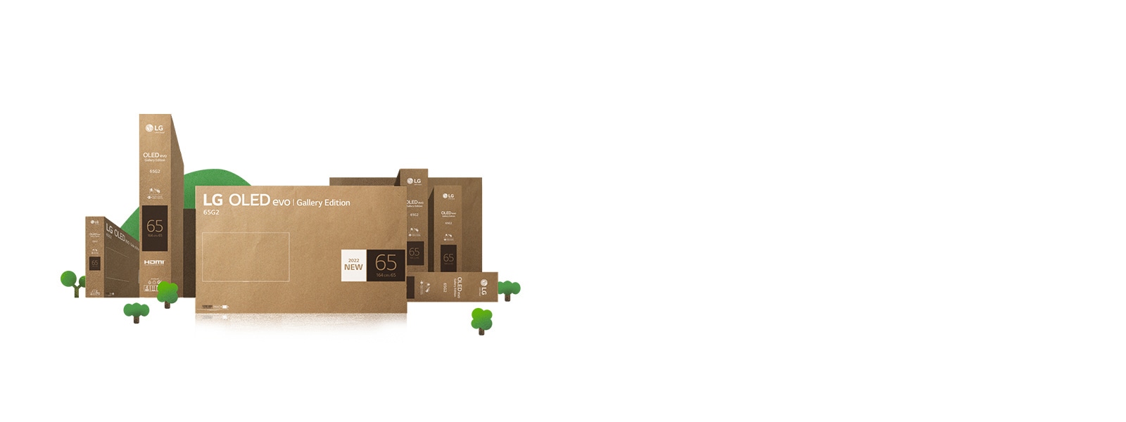 Eco-friendly LG OLED cardboard packaging depicted around thriving trees and mountains.