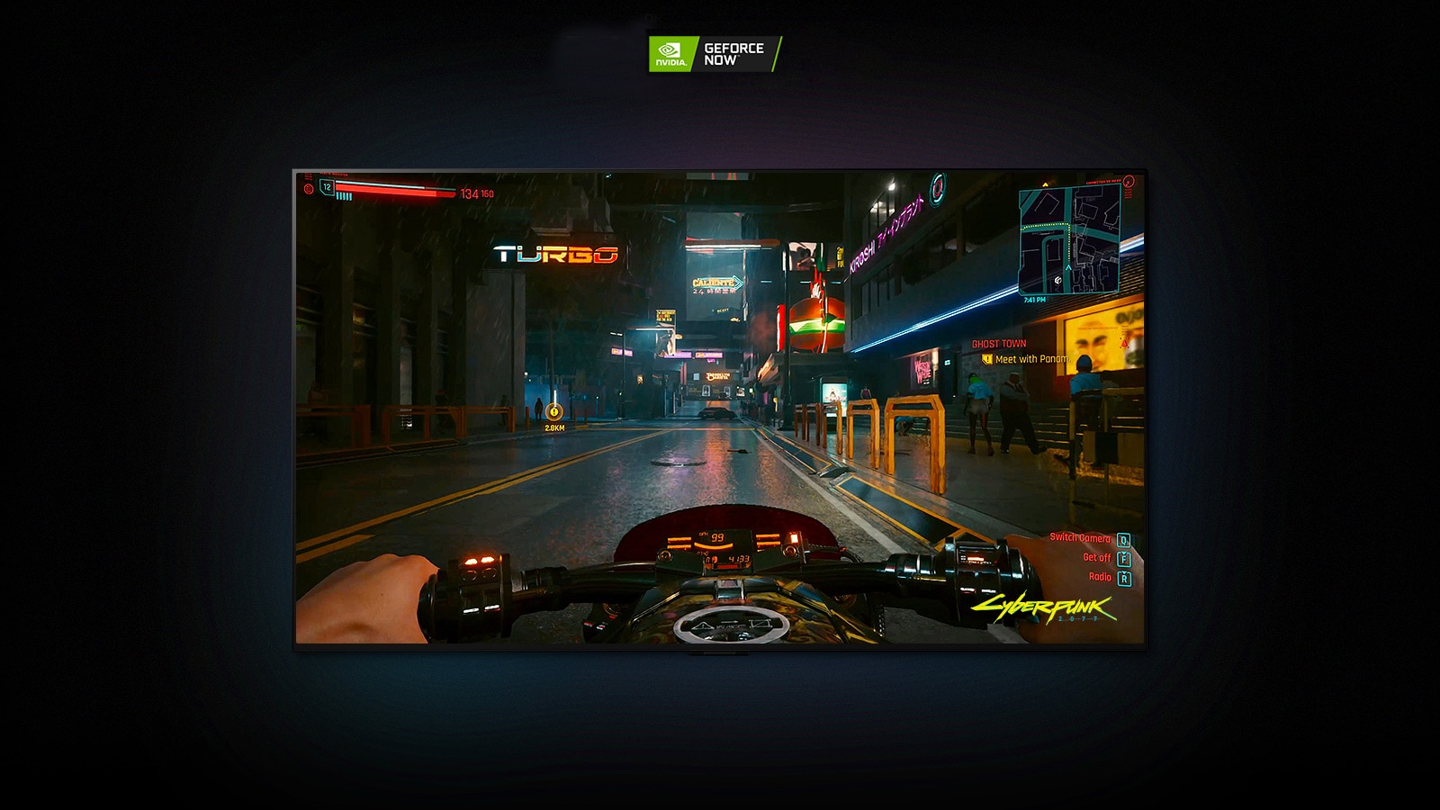 In a scene from Cyberpunk 2077 shown on an LG OLED display, the player drives through a neon-lit street on a motorbike.