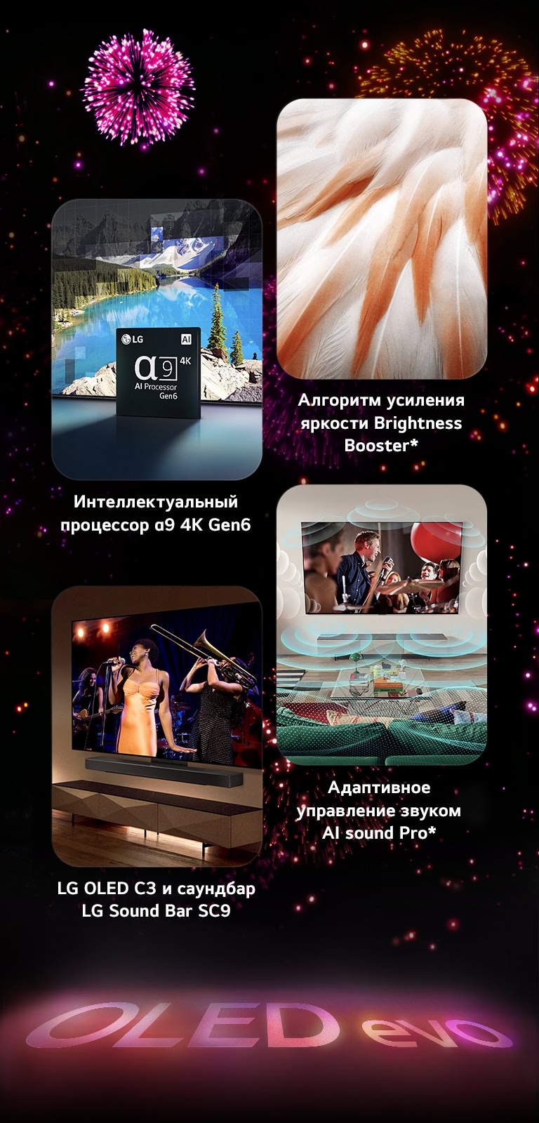 An image presenting the key features of the LG OLED evo C3 against a black background with a pink and purple firework display. The pink reflection from the firework display on the ground shows the words "OLED evo." Within the picture, an image depicting the α9 AI Processor 4K Gen6 shows the chip standing before a picture of a lake scene being remastered with the processing technology. An image presenting Brightness Booster Max shows a bird's bright feathers. An image presenting the SC9 Soundbar shows the LG OLED evo C3 and SC9 Soundbar neatly on the wall with a music concert playing on the TV. An image presenting AI Sound Pro shows a rock show playing on the TV with music bubbles depicting soundwaves filling the living space.