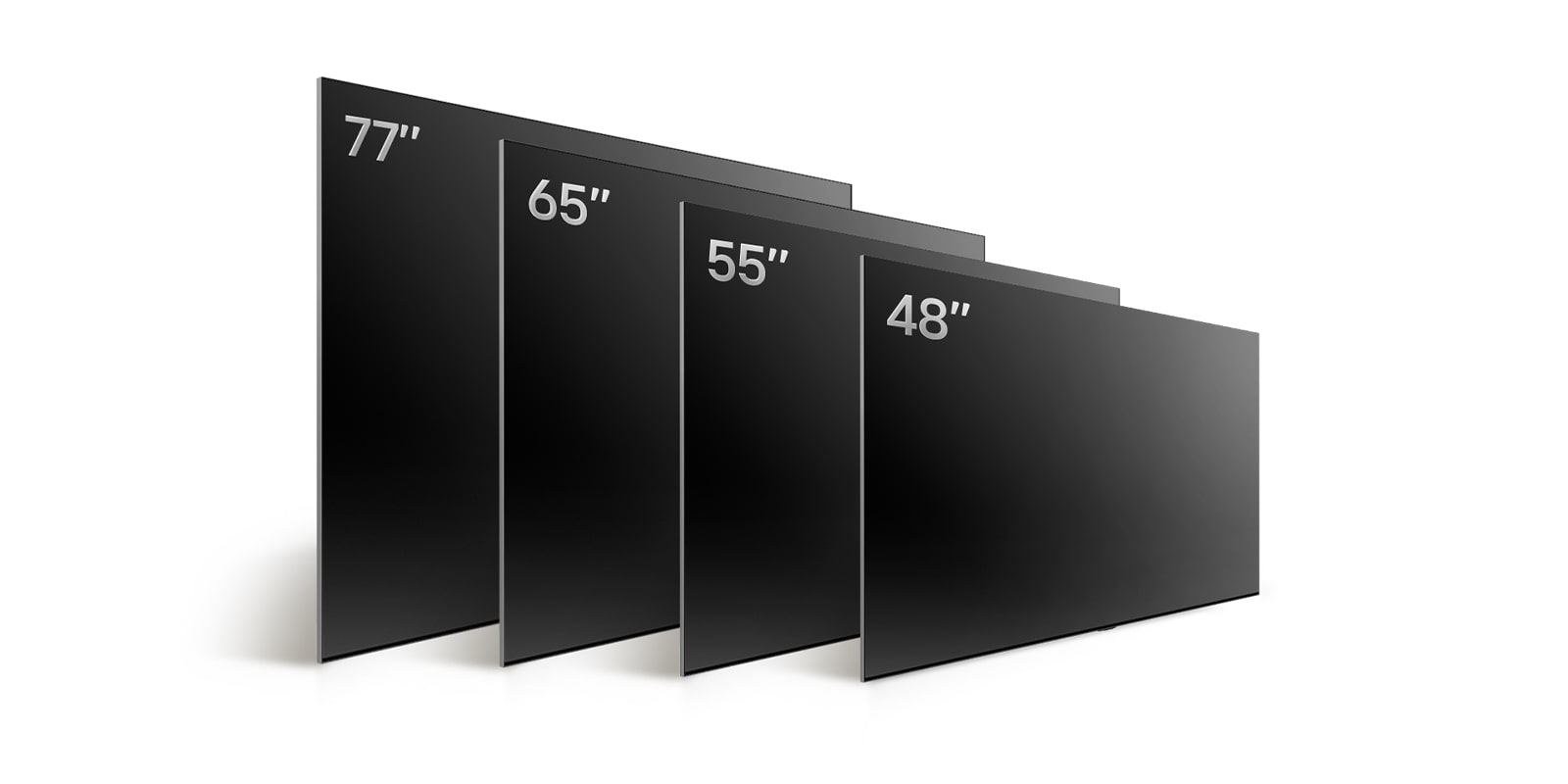 Сравнение различных размеров телевизора LG OLED TV, OLED B4, где демонстрируются телевизоры OLED B4 48", OLED B4 55", OLED B4 65", OLED B4 77".