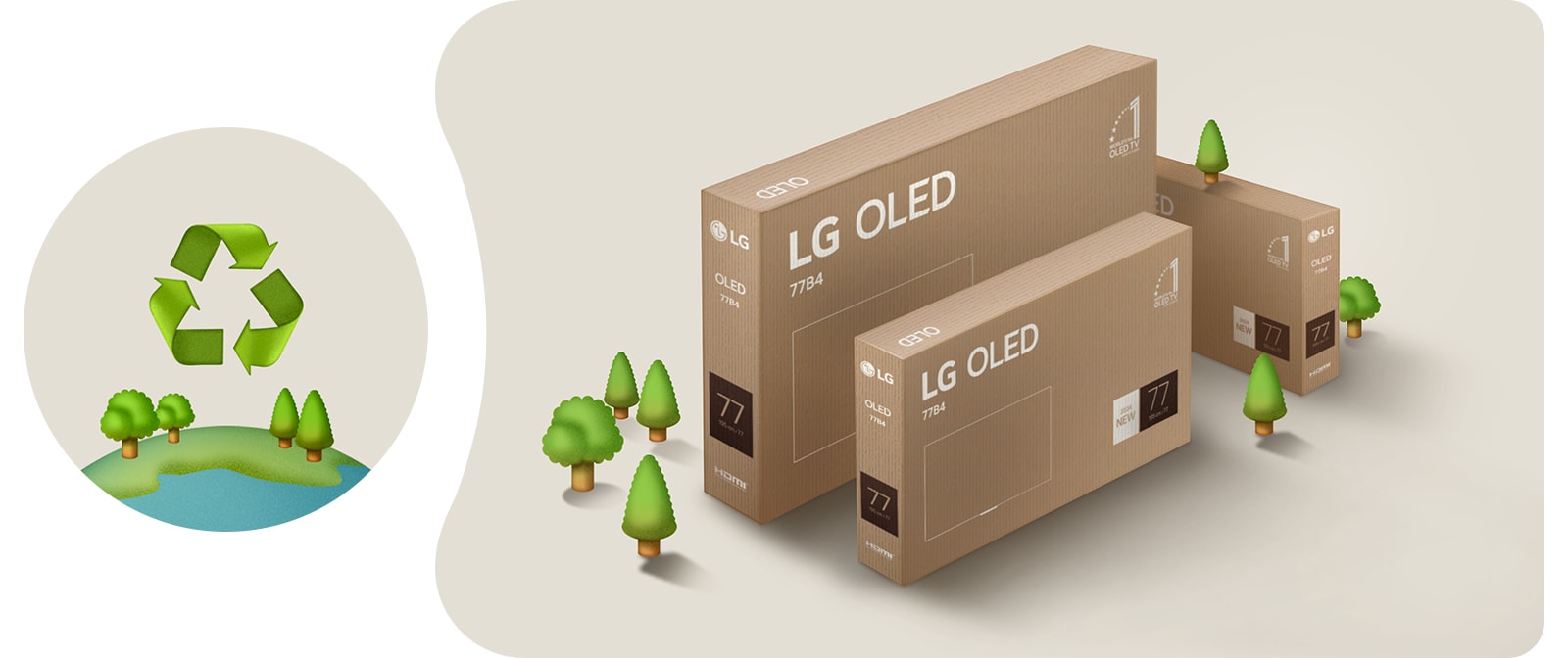 Упаковка телевизора LG OLED на бежевом фоне с иллюстрированными деревьями. 