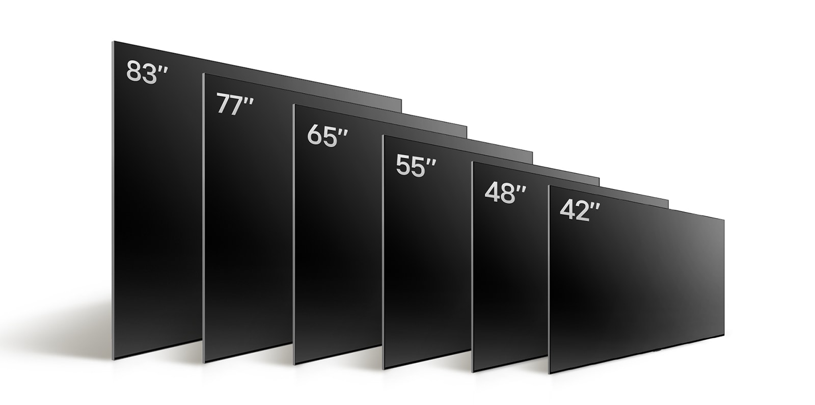 Сравнение различных размеров телевизора LG OLED TV, OLED C4, где демонстрируются телевизоры OLED C4 42", OLED 48", OLED C4 55", OLED C4 65", OLED C4 77" и OLED C4 83".