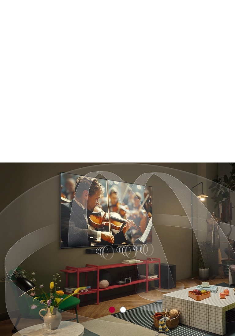 Гостиная с телевизором LG OLED TV и звуковой панелью LG Soundbar с изображением, показывающим, как оба устройства заполняют пространство многоканальным звуком.