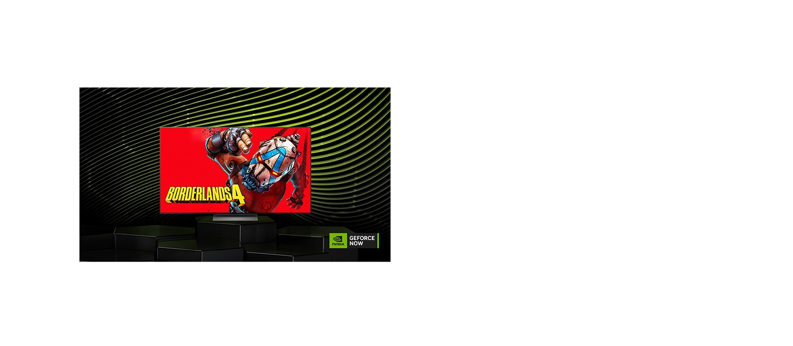На изображении «LG OLED evo AI C6 с NVIDIA GeForce NOW» на экране показана игра Borderlands 4 рядом с логотипом GeForce NOW, демонстрируя доступ к облачному геймингу в интерфейсе телевизора.