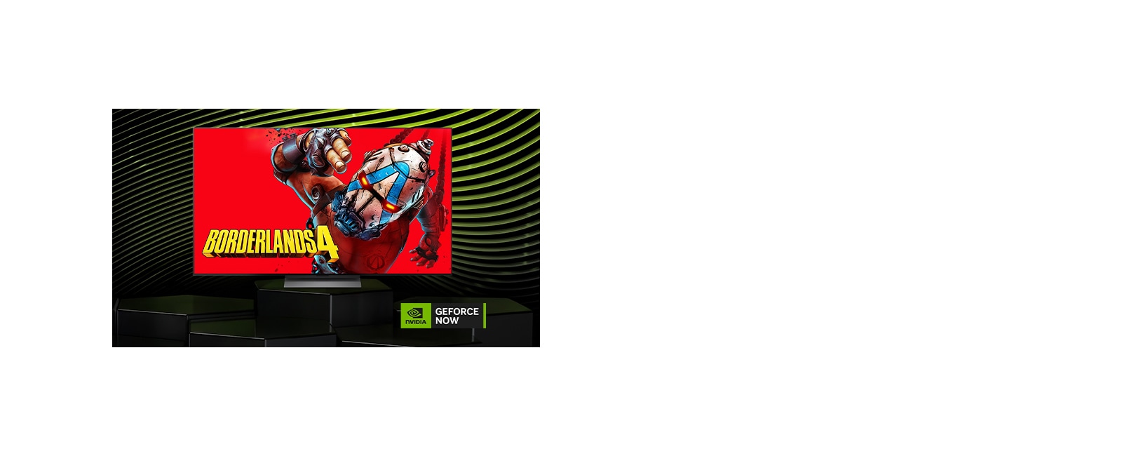 На изображении «LG OLED evo AI C6 с NVIDIA GeForce NOW» на экране показана игра Borderlands 4 рядом с логотипом GeForce NOW, демонстрируя доступ к облачному геймингу в интерфейсе телевизора.