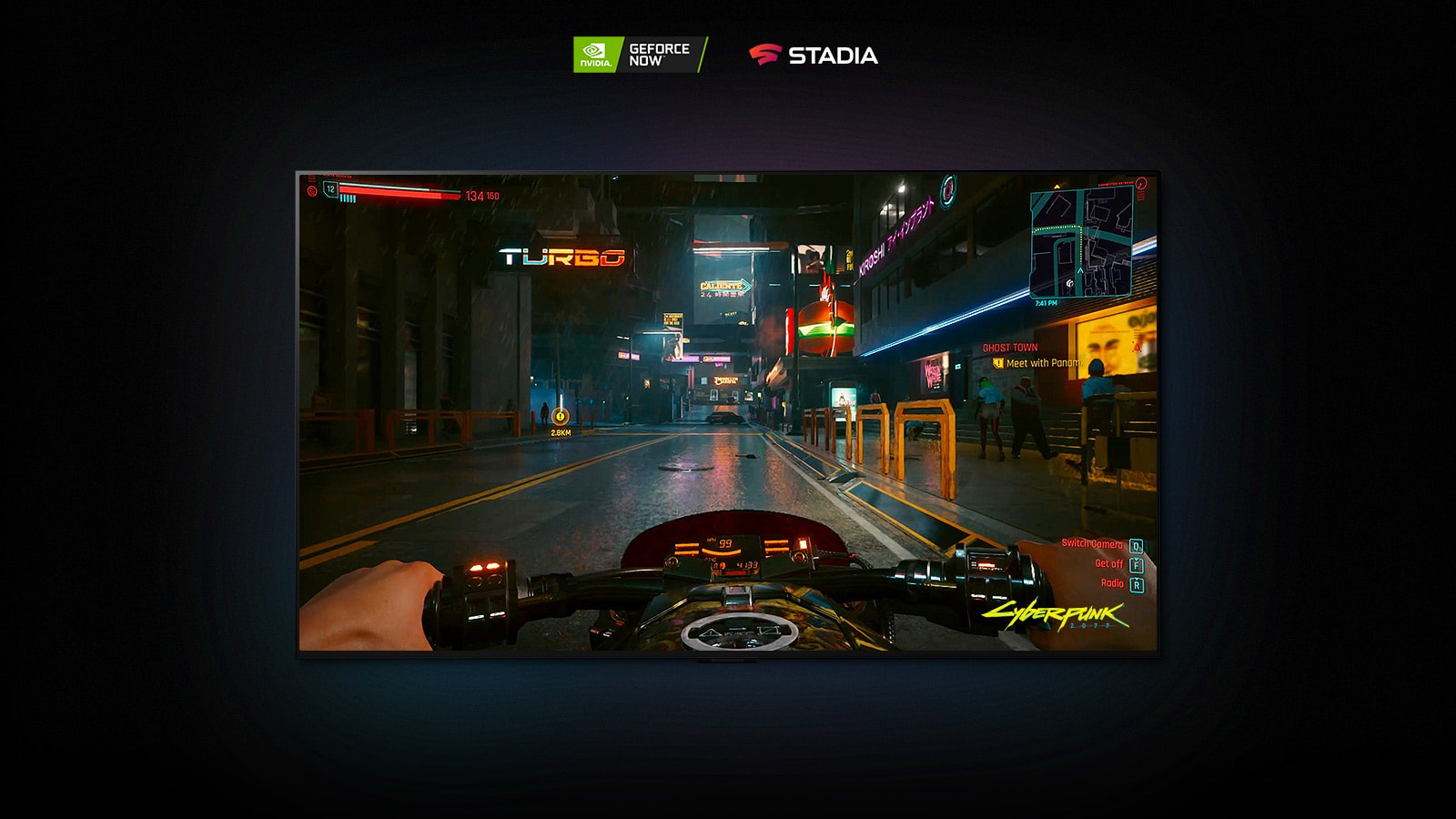 In a scene from Cyberpunk 2077 shown on an LG OLED display, the player drives through a neon-lit street on a motorbike.