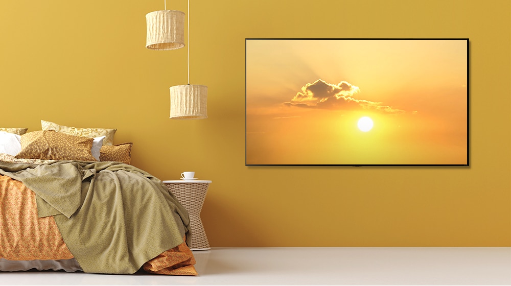 The TV installed in the living room shows the sky with flying birds. The TV turns off and the scene changes to a TV hanging in the bedroom, the TV turns on and shows the same shot of the sky with birds flying.
