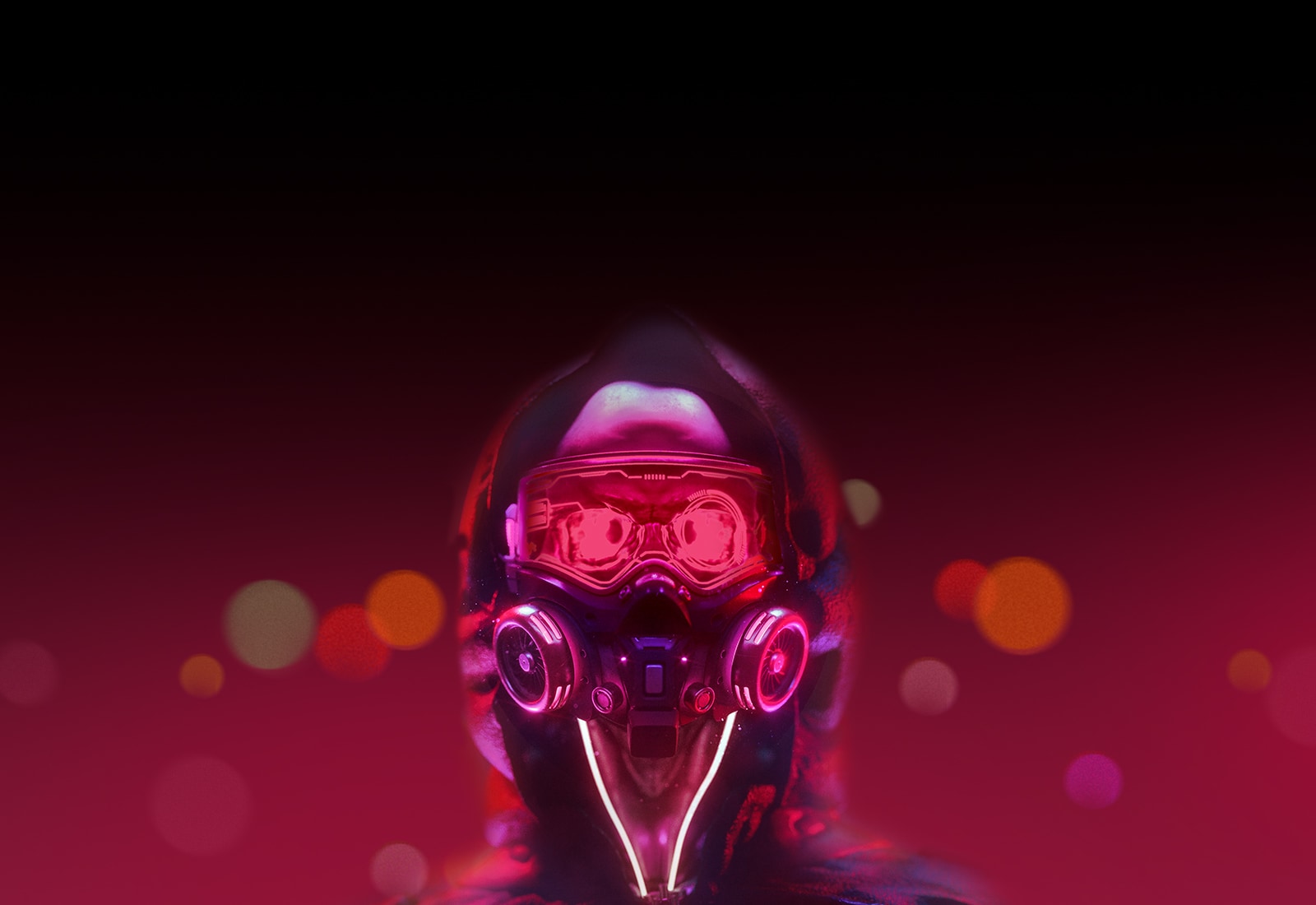 Image of a robot under red light.  He blinks his eyes slowly.