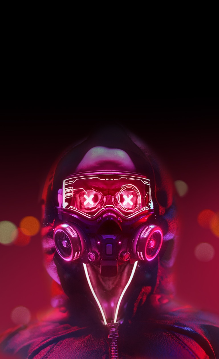 Image of a robot under red light. He blinks his eyes slowly.