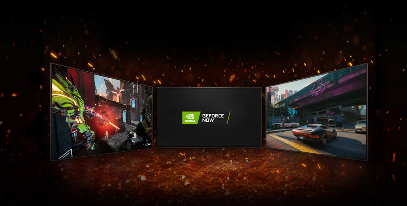 На изображении представлены три телевизора. В центре экрана изображены два логотипа, расположенные по диагонали: логотип NVIDIA GeFORCE NOW. Слева на телевизоре изображена игра Splitgate, справа — Cyberpunk 2077. 