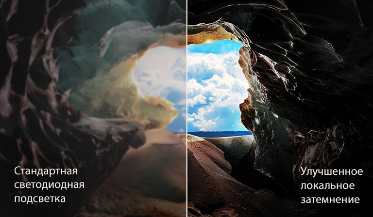 Перспектива изнутри пещеры с видом на ее вход, где видны голубое небо и горизонт. Вся сцена разделена пополам, чтобы продемонстрировать возможности продвинутого локального затемнения QNED. С одной стороны, цвета и детали выглядят вымытыми, а изображения кажутся размытыми. На ярлыке написано: Обычная светодиодная подсветка. С другой стороны — глубокие черные цвета, лучший контраст, яркость и цвет. На ярлыке написано: Продвинутое локальное затемнение. 