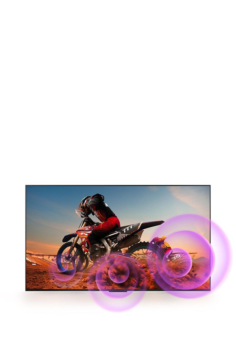Телевизор LG QNED TV отображает мужчину на мотоцикле, из колеса которого выходят фиолетовые абстрактные круги, визуализирующие звуковые волны.