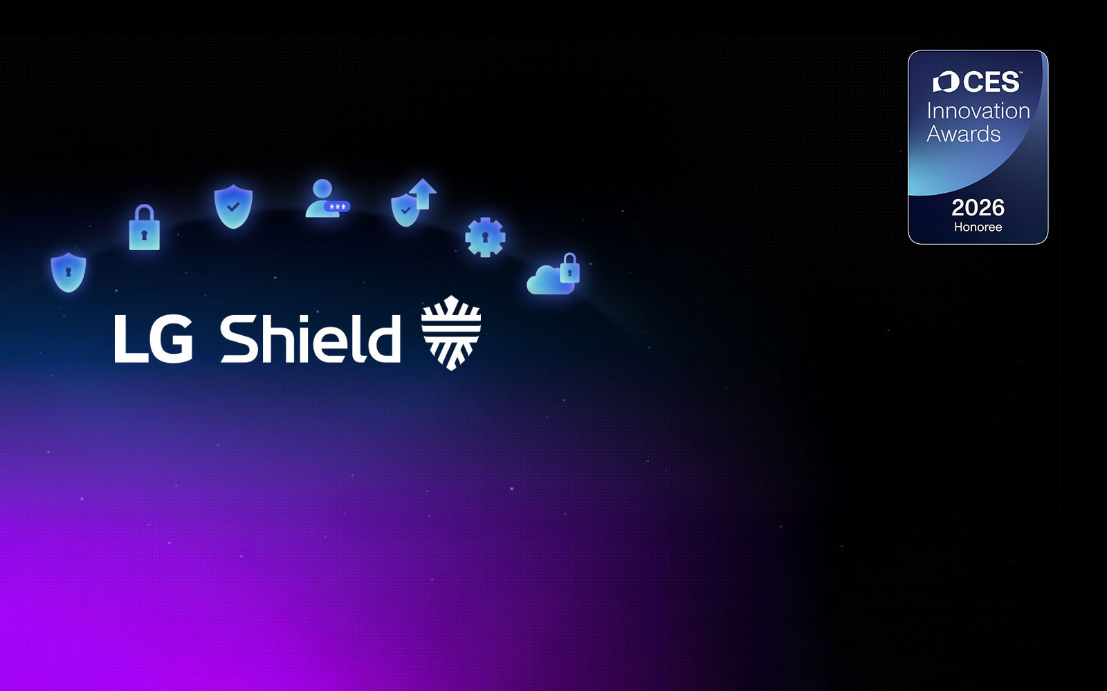 Эмблема LG Shield показана на темном фоне с иконками безопасности, подчеркивающими защиту конфиденциальности, безопасности данных и целостности системы в webOS. Также показан значок лауреата премии CES 2026 года за инновации.