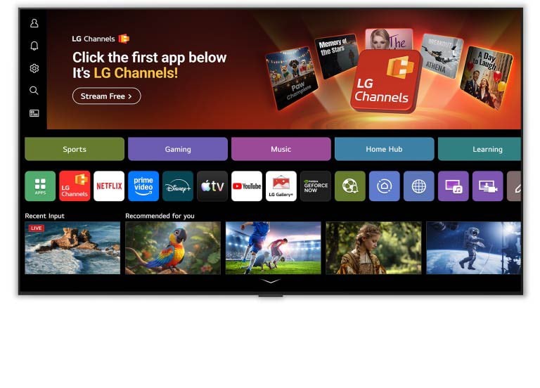 На главном экране LG QNED evo AI Mini LED QNED8M осуществляется переход в интерфейс LG Channels, демонстрирующий бесплатные телеканалы в прямом эфире, фильмы и эксклюзивный контент. Видео демонстрирует прямой доступ к сотням вариантов развлечений. 