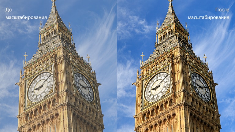 Imaginea lui Big Ben din dreapta cu textul „După Zoom” are un aspect mai luminos și mai clar în comparație cu aceeași imagine din stânga cu textul „Înainte de Zoom”.