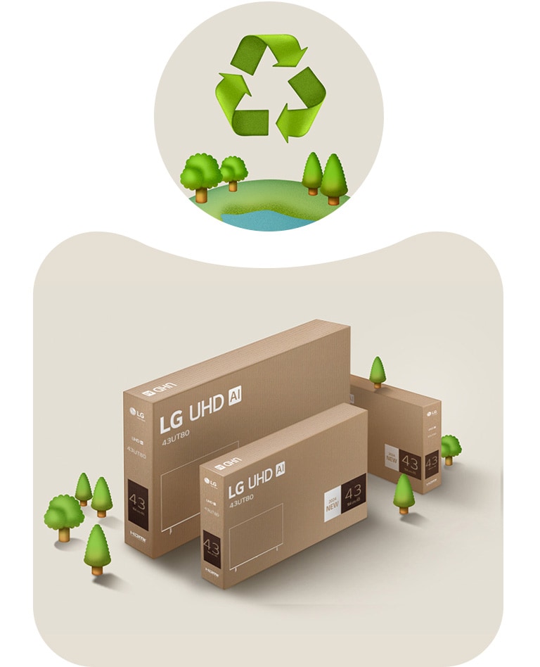 Изображение упаковки телевизора LG UHD на бежевом фоне с иллюстрированными деревьями. 