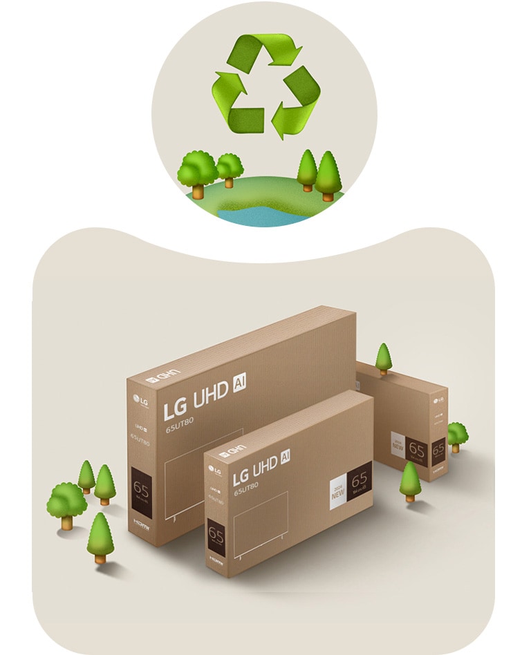 Изображение упаковки телевизора LG UHD на бежевом фоне с иллюстрированными деревьями. 