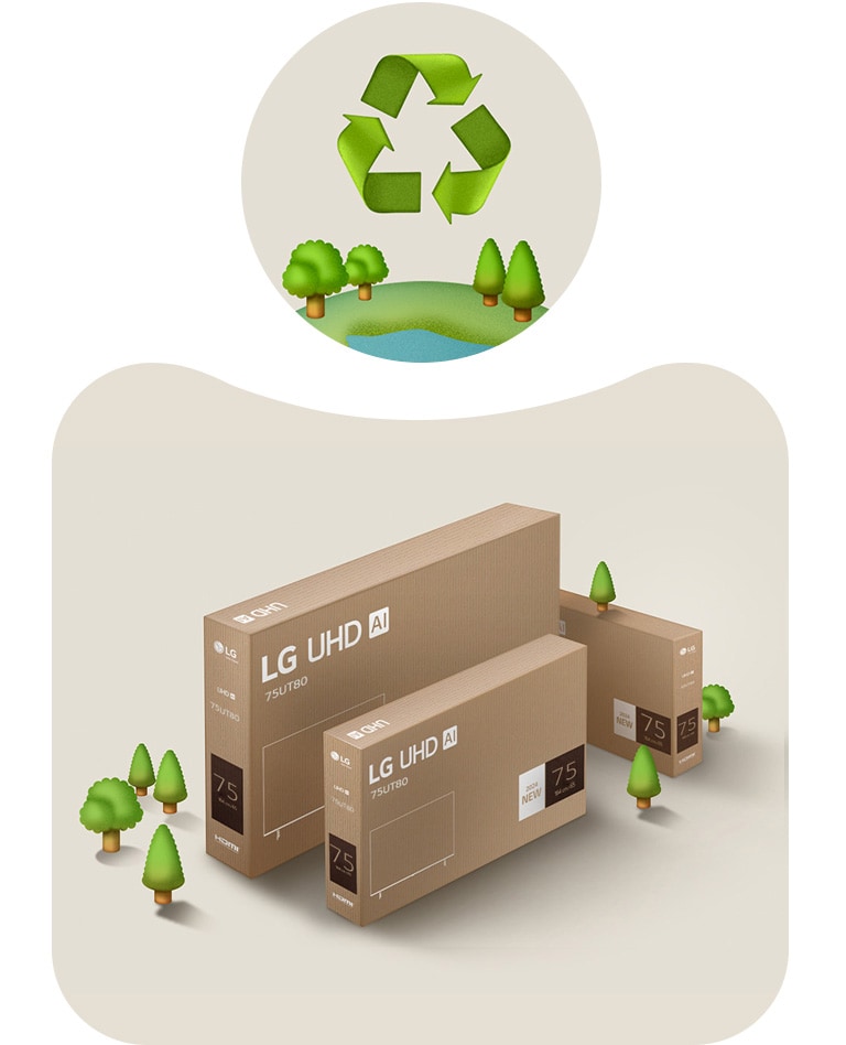 Изображение упаковки телевизора LG UHD на бежевом фоне с иллюстрированными деревьями. 