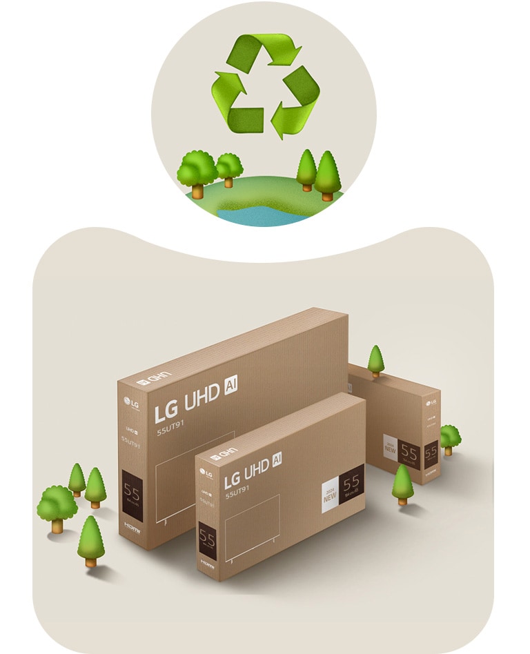 Упаковка телевизора LG UHD на бежевом фоне с иллюстрированными деревьями.