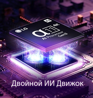 LG Micro RGB evo AI MRGB95 оснащен новым ИИ процессором alpha 11 4K Gen3, который светится фиолетовым светом на темной печатной плате, подчеркивая Двойной ИИ движок. 