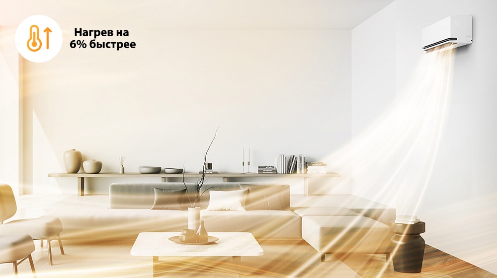 Теплые потоки воздуха дуют вниз и затем поднимаются вверх, благодаря чему помещение прогревается быстрее.