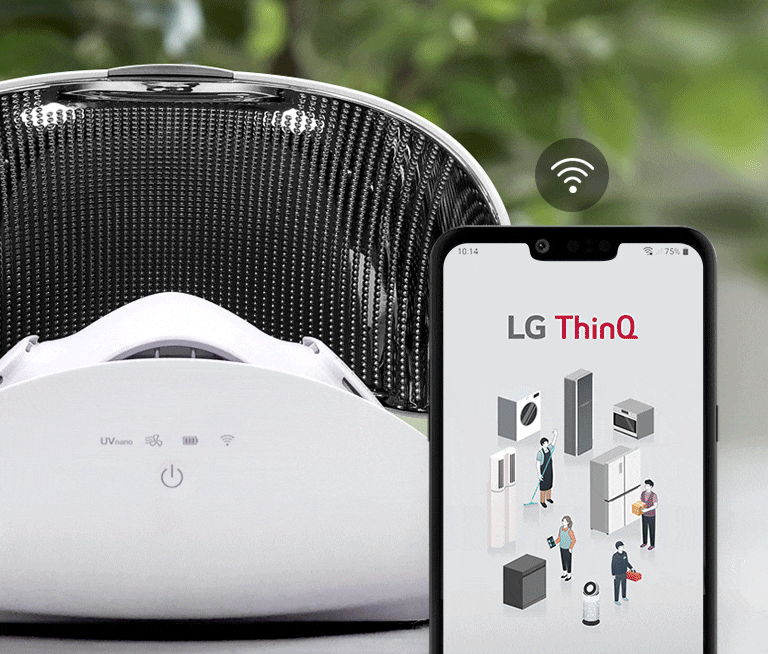 Телефон с приложением ThinQ и значком Wi-Fi на переднем плане. Рядом расположены футляр для очистителя воздуха и очиститель.