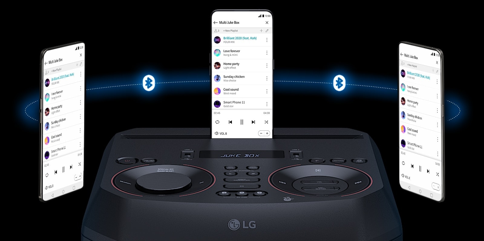 Смартфон размещен на системе LG XBOOM RNC9, а два других смартфона парят вокруг нее. Логотип Bluetooth показан между смартфонами.