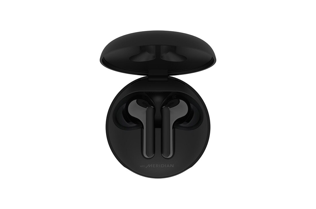 LG Беспроводные наушники LG HBS-FN4 | чёрные, A top view of a cradle opened up and two earbuds inside it, HBS-FN4