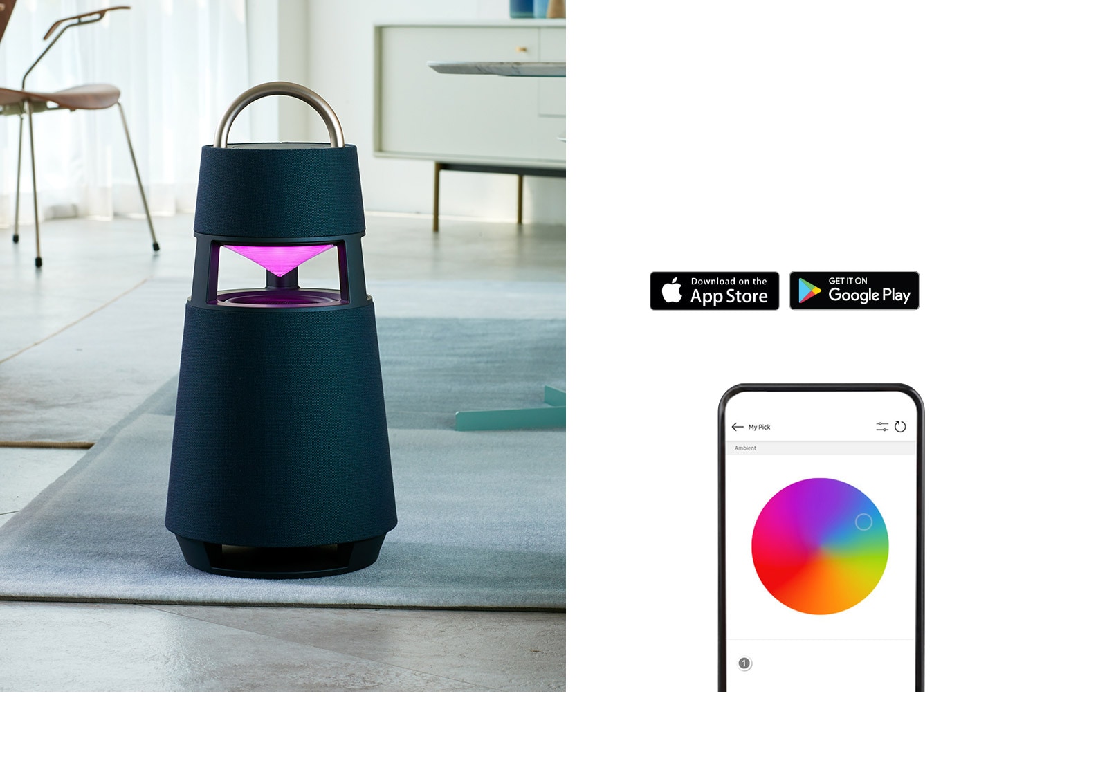 Изображение в формате GIF, на котором отражатель колонки XBOOM 360, стоящей на полу комнаты, меняет цвет на такой же в зависимости от движения цвета на экране мобильного телефона.