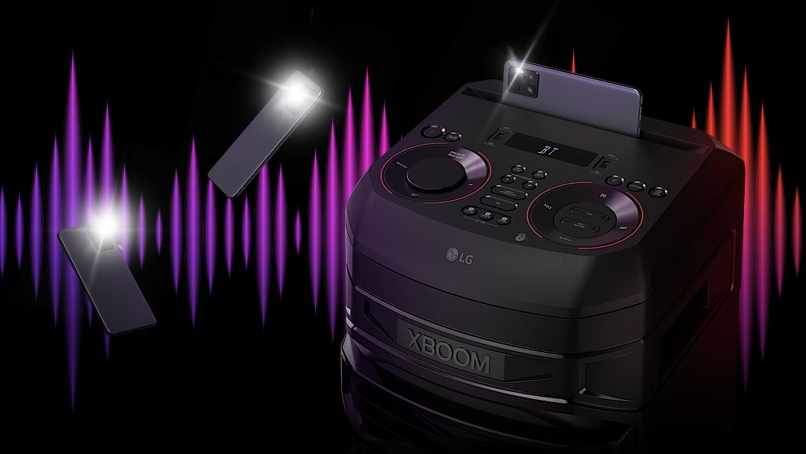Крупный план LG RNC7 сверху. Два мигающих смартфона парят вокруг системы. За динамиком красочная визуализация эквалайзера.