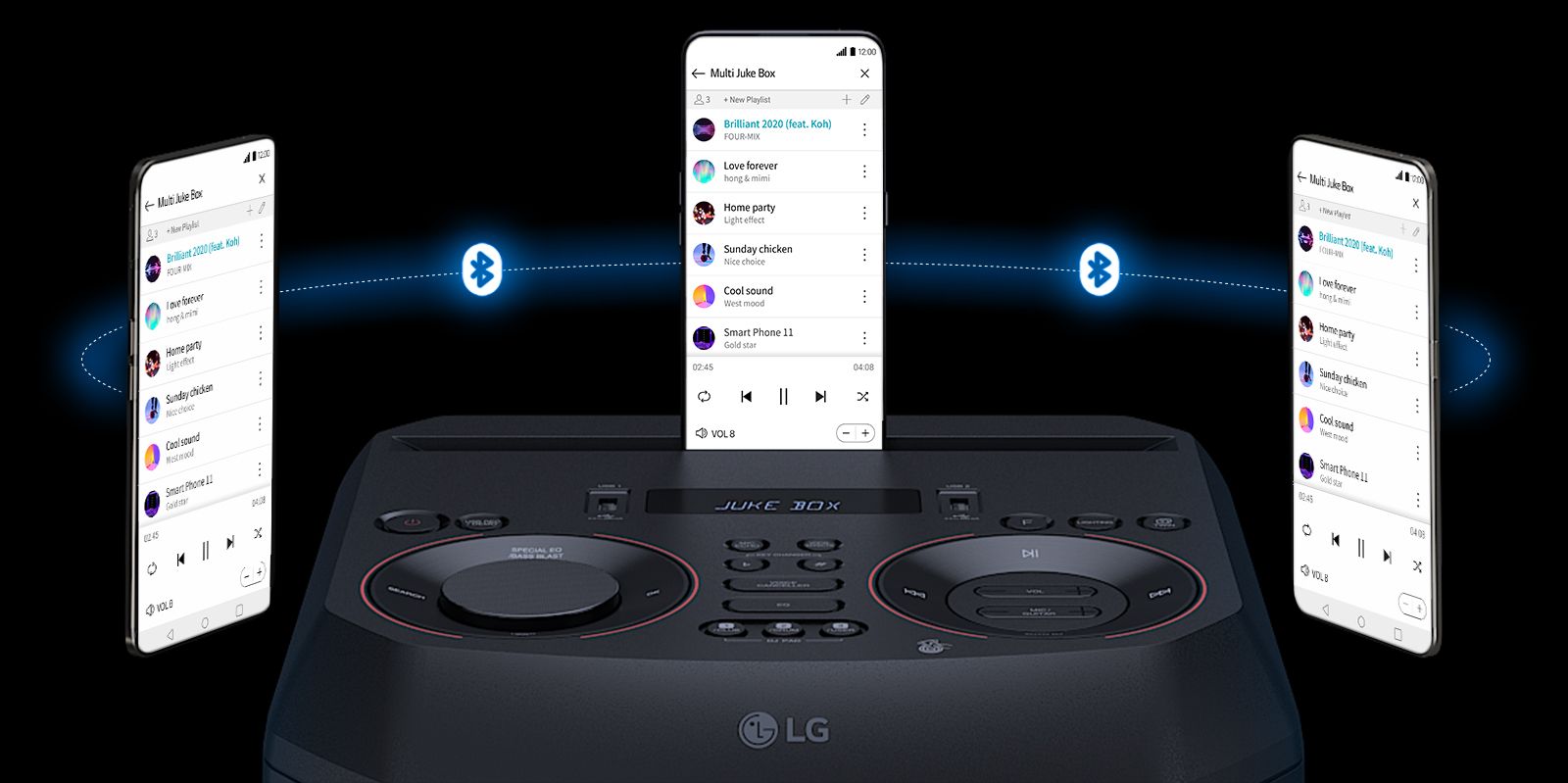 Смартфон размещен на системе LG XBOOM RNC7, а два других смартфона парят вокруг нее. Логотип Bluetooth показан между смартфонами.