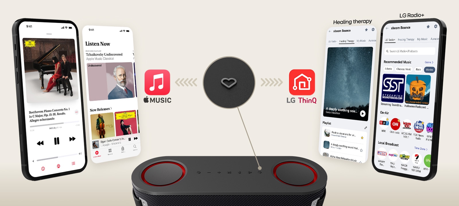 Слева и справа показаны телефон с изображением приложения и изображение виртуального приложения. Изображения и логотип приложения Apple Music находятся слева, а изображения и логотип приложения LG ThinQ — справа. Внизу показана верхняя часть xboom Bounce с выделенной надписью «My Button» (Моя кнопка).