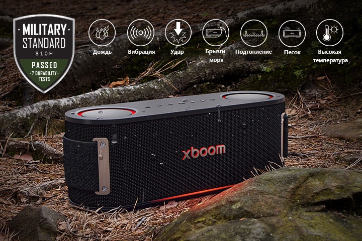 LG xboom Bounce размещается на почве, покрытой влажными листьями, между корнем дерева и камнем. Вверху слева расположен лого Military Standard.