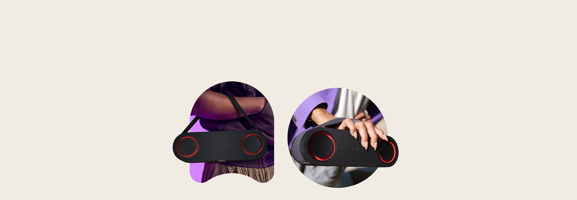 На верхнем фонаре LG xboom Bounce держится на чьей-то руке за ремешок. Вверху справа человек в фиолетовой куртке держит в правой руке LG xboom Bounce.