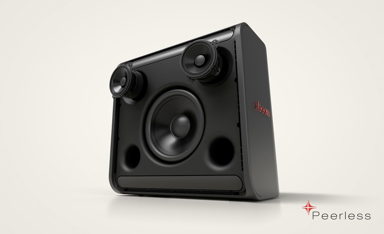 Показаны внутренние компоненты LG xboom Stage 301. Низкочастотные и среднечастотные динамики выдвигаются вперёд и ритмично вибрируют.