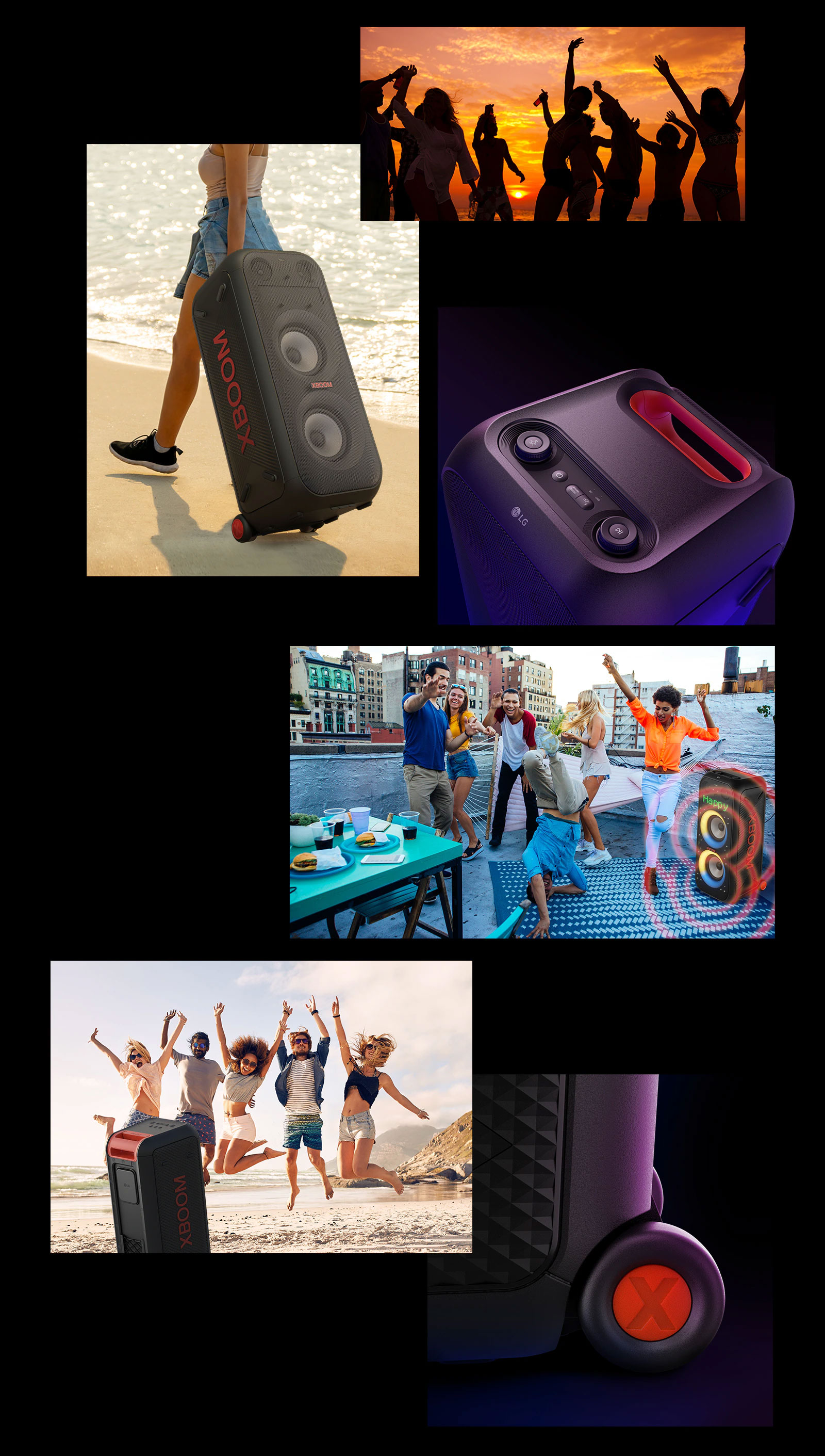 Иллюстрированные изображения LG XBOOM XL9T. Сверху силуэты людей, с помощью телескопической ручки и колесиков женщина легко переносит колонку. Вид сверху на колонку и телескопическую ручку. Люди наслаждаются вечеринкой на крыше, позади установлены две LG XBOOM XL9T со звуковой графикой. Вид сзади на колонку и людей, резвящихся на пляже, крупный план колесика.